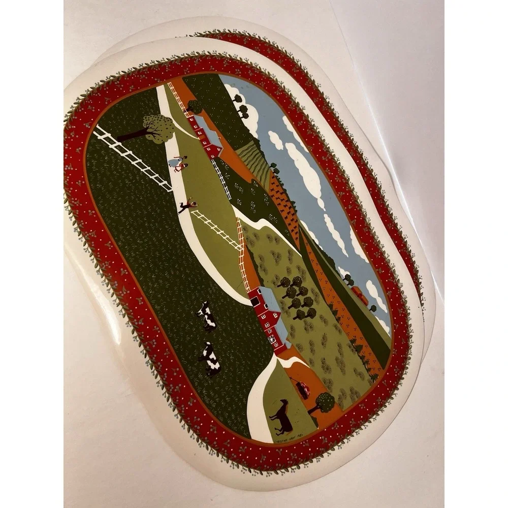 1980s Vintage Folk Art Plastic Placemat Set Of 4 Christine Graf Farm Scene Cozy